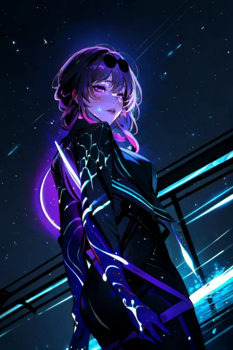 a woman in a futuristic outfit standing in front of a neon light