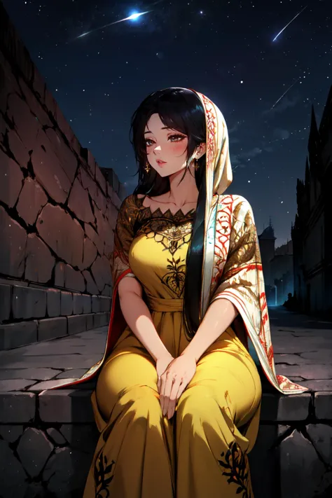 Highly detailed, High Quality, Masterpiece, beautiful, <lora:DarkIncursioStyle:1>, night, (dark environment), wearing wrenchpjbss, dupatta, embroidery, dress, <lora:Outfit_PunjabiSalwarSuit:1>, outdoors, sitting, cofused, ?, desert,