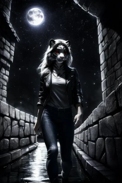 <lora:DarkIncursioStyle:0.8> night, (dark environment), medium shot of a white tiger girl standing in a stone bridge lookin at t...