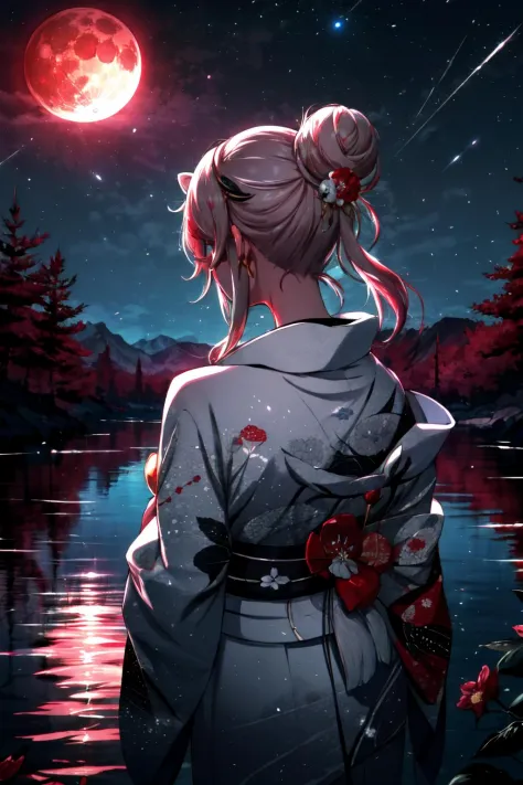 Highly detailed, High Quality, Masterpiece, beautiful, <lora:DarkIncursioStyle:1>, night, (dark environment), mountains, water, trees, red moon, Botan, BotanKimono, hair ornament, hair flower, double bun, <lora:Char_VTuber_ShishiroBotan:0.8>, from behind,