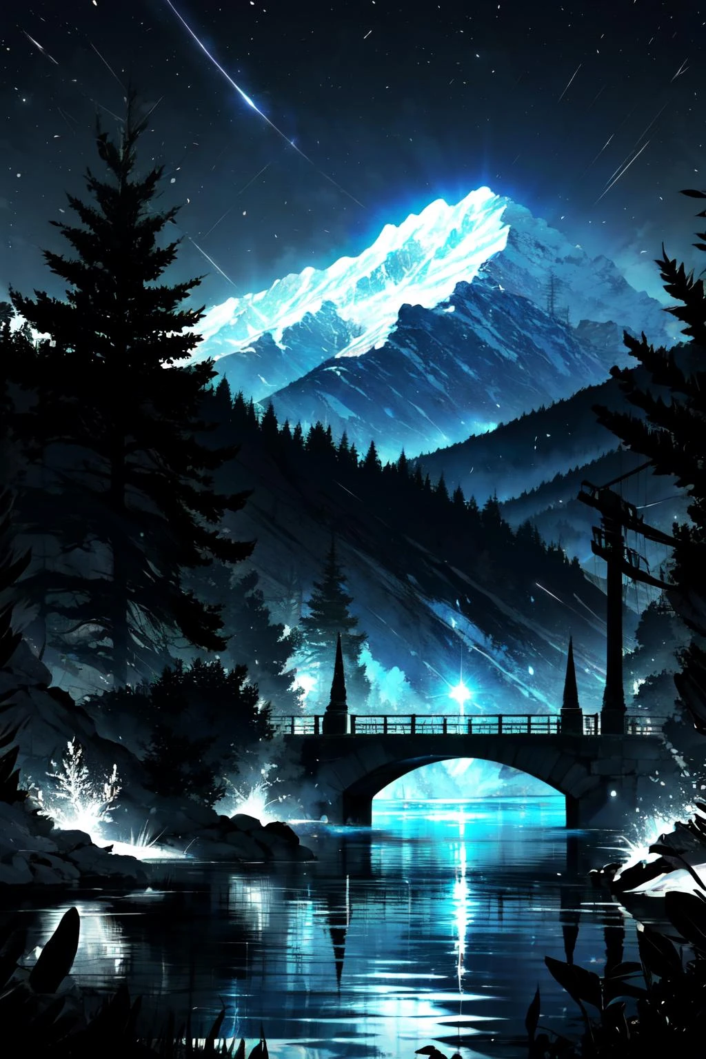 Highly detailed, High Quality, Masterpiece, beautiful, night, (dark environment), mountains, water, trees