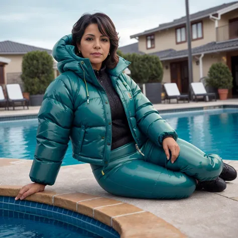 woman sitting on the edge of a pool wearing a green jacket and pants