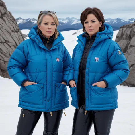 two women in blue jackets standing on a snowy mountain