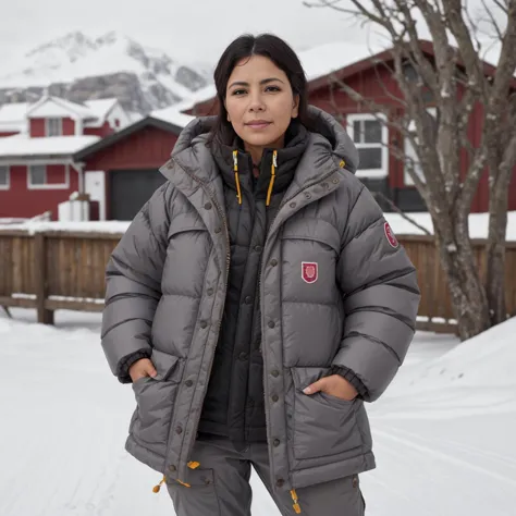 cute one south american 40 year old women wearing a puffy red and grey  Fjallraven Expedition jacket, hyperdetailed photography,4k textures,intricate details,4k resolution   ,  <lora:Fjallraven_Expedition:0.8>, garden