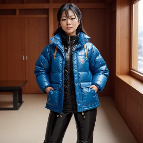 arafed woman in a blue jacket and black pants standing in a room