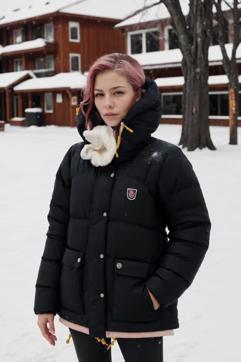 woman in black jacket and pink hair standing in snow with a teddy bear