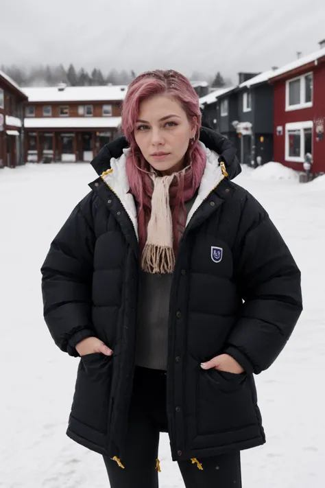 a woman standing in the snow wearing a black jacket and scarf