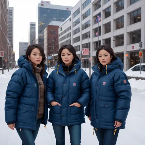 three women in jackets standing in the snow in front of a building