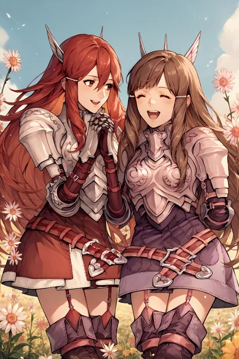 two anime girls in armor standing next to each other