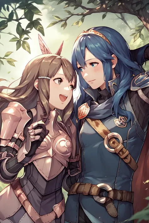 two anime girls with blue hair and horns standing next to each other