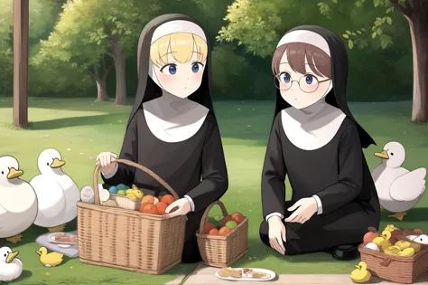 littlenuns, multiple girls, picnic basket, ducks, detailed, nun, glasses, <lora:littlenuns-000020:0.5>, masterpiece, best qualit...