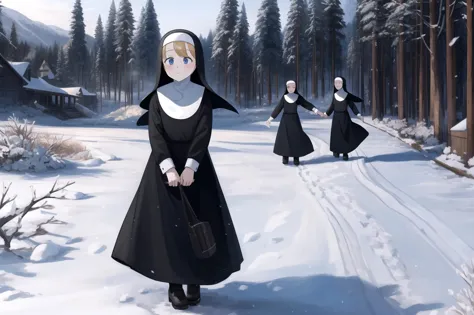 littlenuns, multiple girls, clumsy nun \(diva\), snowing, nun, detailed, woods, monastery, wind,  <lora:littlenuns-000020:0.5>, ...