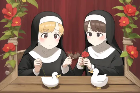 littlenuns, multiple girls, flower, nun, detailed, duck,  <lora:littlenuns-000020:0.5>, masterpiece, best quality