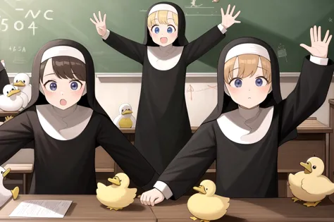 littlenuns, 5girls, dynamic pose, ducks, extreme detail, teacher, school, nun, <lora:littlenuns-000020:0.5>, masterpiece, best q...