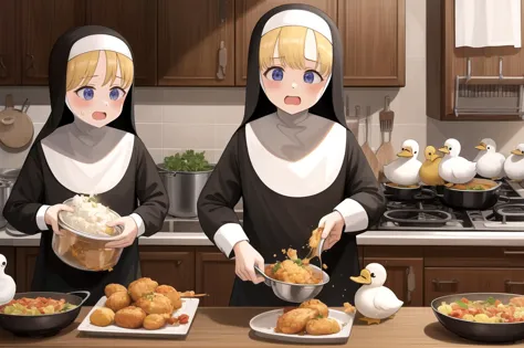 littlenuns, multiple girls, screaming, cooking, food, kitchen, duck, extreme detail, nun, <lora:littlenuns-000020:0.4>, masterpiece, best quality