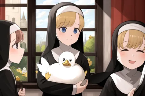 littlenuns, multiple girls, cute, holding duck, window, happy, nun <lora:littlenuns-000020:0.6>, masterpiece, best quality