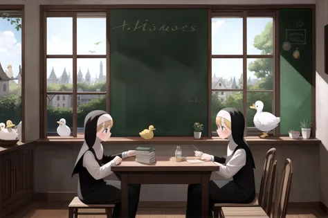 littlenuns, multiple girls, scenery,  table, chalkboard, ducks, window, indoors, nun, detailed,  <lora:littlenuns-000020:0.5>, masterpiece, best quality