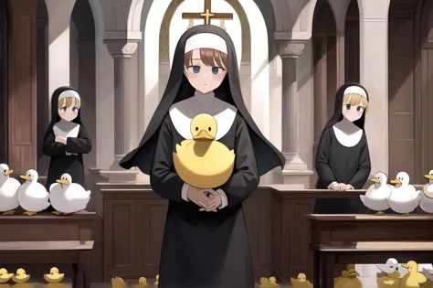 littlenuns, multiple girls, duck, nun, holy cross, <lora:littlenuns-000020:0.5>, masterpiece, best quality