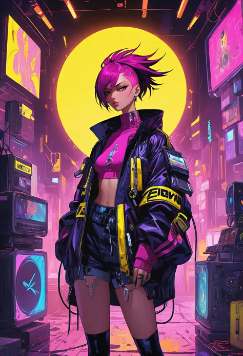 a woman in a pink top and black shorts standing in front of a neon city