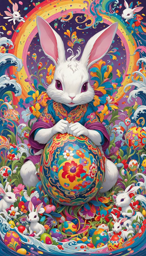 a painting of a rabbit holding a large egg in a colorful field