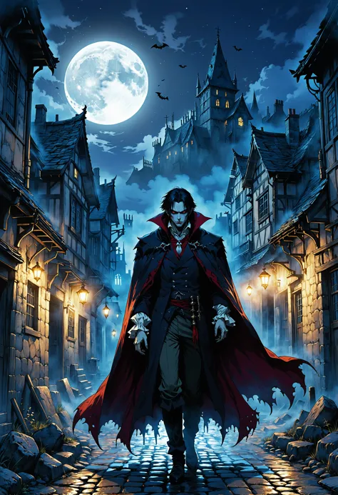 anime artwork manga style a demonic vampire, old england town, dark at night, A gothic figure lurks in the shadows of an ancient, cobblestone village, his cloak billowing behind him as he stalks through the dimly lit streets. The moon casts eerie shadows upon the crumbling buildings, hinting at the village's long-forgotten history. Despite its desolation, there is a certain majesty to this place, a testament to the passage of time and the resilience of nature. The vampire's presence adds a touch of mystery and intrigue, inviting questions about his origin and purpose in this forsaken land. The overall atmosphere . vibrant, high-energy, detailed, iconic, Japanese comic style . anime style, key visual, vibrant, studio anime, highly detailed