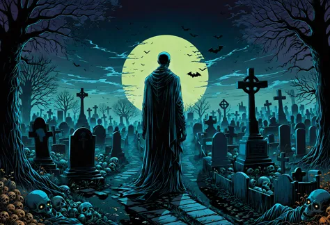 a man in a cloak standing in a graveyard with a full moon