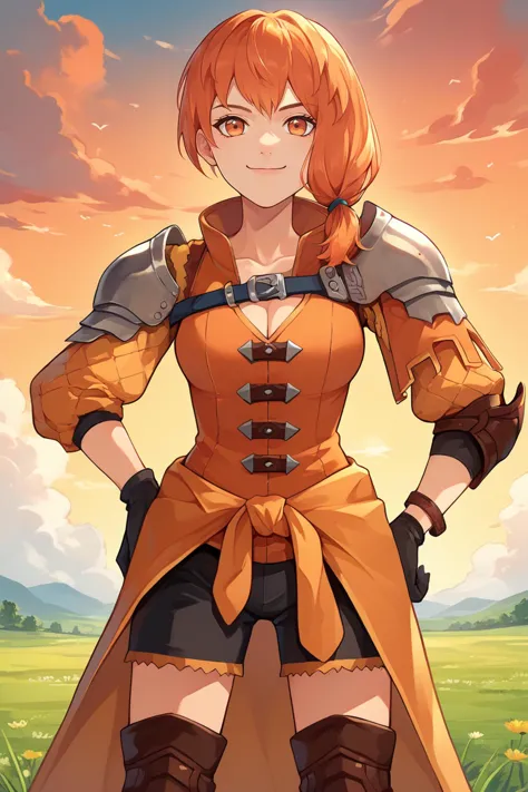 score_9, score_8_up, score_7_up, score_6_up, source_anime, BREAK 1girl, <lora:leonie-pdxl-nvwls-v1-000005:1> warLeonie, orange hair, medium hair, orange eyes, shoulder armor, pauldrons, orange tunic, cleavage, black shorts, clothes around waist, black gloves, knee pads, black boots, field, looking at you, smile, serious, happy, upper body, clouds, sunset, hand on hip