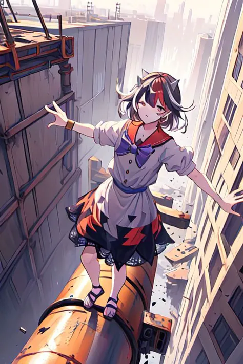 anime girl standing on a pipe in a city