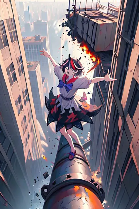 anime girl flying over a city with a huge fireball