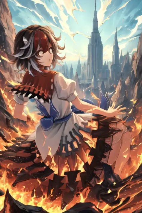 a girl in a dress is standing in front of a fire