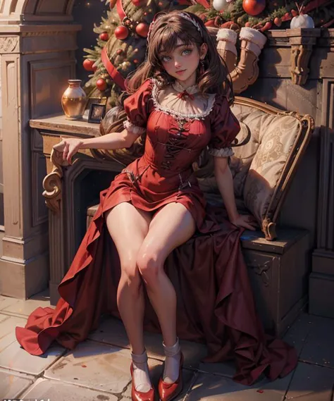 RAW, 50mm f 1.2, full body photograph or gorgeous fit, thin  n4t4l14d, face ,   wearing a red Victorian dress posing in front of...