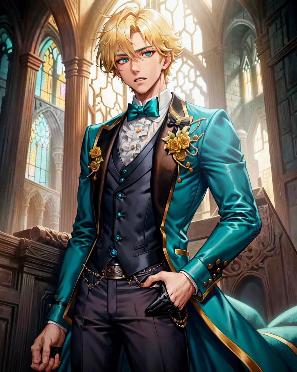 1boy, (man), manly body, anime, extremely detailed, hyper detailed, (broad shoulders), (PERFECT FACE), illustration, soft lighting, 2d, intricate, cowboy shot, detailed eyes, blonde hair, short hair, teal eyes, sexy, toned, black tuxedo, (outside), castle tower
