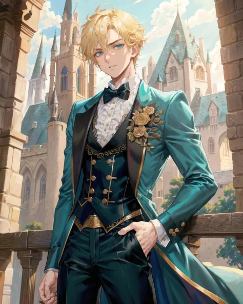 1boy, (man), manly body, anime, extremely detailed, hyper detailed, (broad shoulders), (PERFECT FACE), illustration, soft lighting, 2d, intricate, cowboy shot, detailed eyes, blonde hair, short hair, teal eyes, sexy, toned, black tuxedo, (outside), castle ...