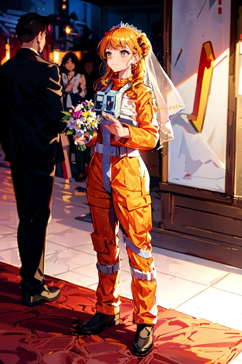 (best quality, masterpiece:1.1), (Intricate detailed:1.2),   ((full body, dynamic angle,     1girl, easygoing face, yellow hair, asymmetrical bangs, wavy hair, cornrows,  quin tails,  intricate hair ornaments, in  orange (rebel pilot suit:1.2) BREAK ( (Wedding ceremony), ceremony, marriage, flowers) in the background,  ):0.8)