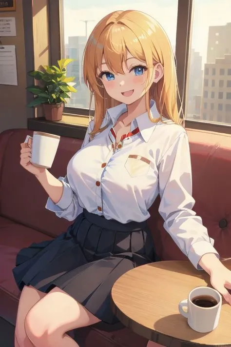 1girl, sitting in a coffee shop, big smile, coffee cup in hand, skirt, button up shirt