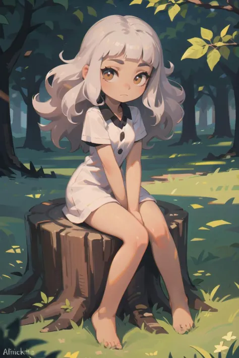 (Sitting On Tree Stump With Legs Apart, Arm On Knee), mature, silver hair, forehead, wavy hair, blunt bangs,     (completely dark skin), african,       lovely small breasts,  <lora:aki:0.45>, <lora:3DMM_V10:0.45>, 3DMM