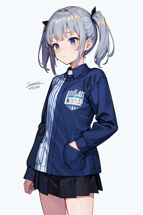 (best quality, masterpiece:1.1), (Intricate detailed:1.2),   ((cowboy shot,     1girl, sleepy face, grey hair, asymmetrical bangs, messy hair, hime cut,  two side up,    <lyco:lawsonUniform_v1:0.8>, lawson uniform, employee uniform, uniform, shirt, name tag, (white background:1.3),  ):0.8)