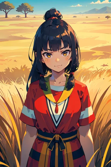 (best quality, masterpiece),   upper body,     (1girl), [angry face|smile face], black hair, absurdly long hair, blunt bangs, dreadlocks,  folded ponytail,     red checkered african clothes, (tribe, tribal:1.2), (savana, (dry, yellow grass land), field, outdoors, blue rocky hiils in the background),