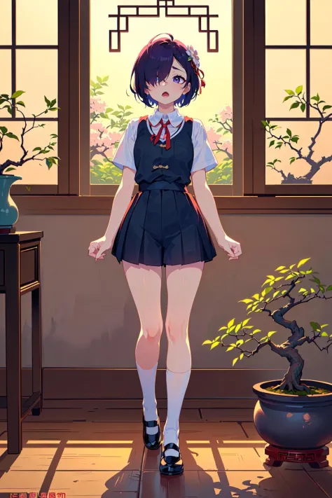 (best quality, masterpiece:1.1),   full body,     (1female), ((ahegao, :o, Ooh)), purple hair, absurdly short hair, hair over one eye,      (fangs), (vampire), bet wings,  school uniform, (School Dress Shirt With Button:1.1), Short Sleeves, bike shorts, Neck Tie Ribbon, White Socks, (Chinese Lattice Round Window, Antique Chinese Folding Screen, Bonsai Trees With Flowers, (china, chinese culture)),