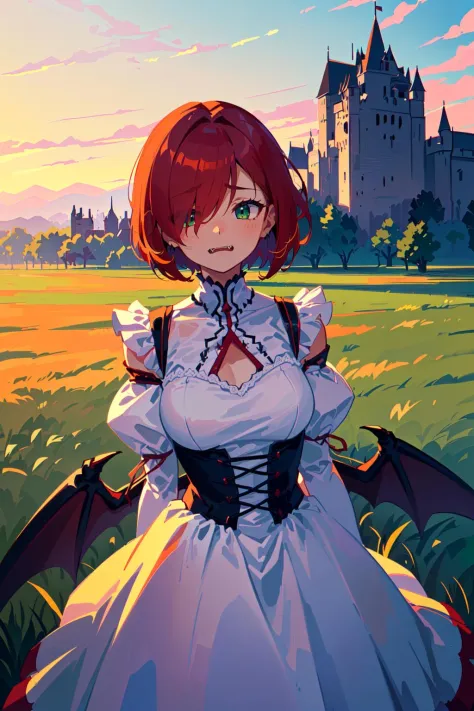 (best quality, masterpiece:1.1),   cowboy shot, dynamic angle,     (1female), sad face, crimson hair, short hair, hair over eyes,     grey colored big hair ribbon, (fangs), (vampire), bet wings,  (transparent cloth), (taut dress), ( green grass field, medieval castle in background),