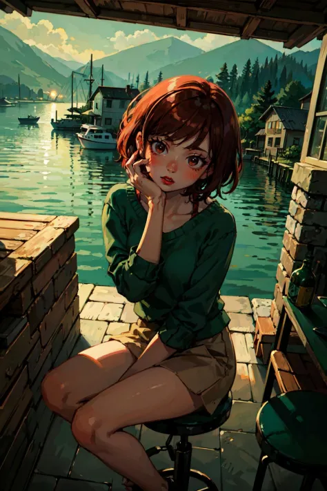 full body, from above,     sitting, hand on own face, head tilt, looking to the side, (1female), (solo:0.8), (chibi),        lovely medium small breasts,  surprised face,  turn red face,  lipgloss, glow lips, red lips,  brown eye,   red hair, short hair, flipped hair,        (casual fashion),  dock workers, (coastal village, cantina, patio:1.2),   (best quality, masterpiece:1.1), scenery, <lora:DarkLighting:0.5>, silhouette,  green spotlight, dark theme,