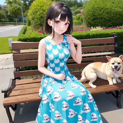 best quality, a girl  sat in a bench, wearing a cocktail dress, (printed dogs pattern), detailed