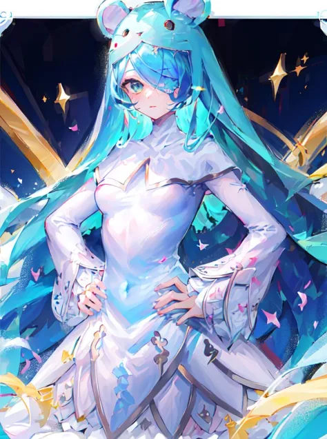 Sistermon Ciel,1girl,solo,blue hair,long hair,dress,very long hair,white dress,one eye covered,long sleeves,small breasts,STANCE,cherry blossoms,star \(sky\),hands on hips,<lora:ï¼äººç© ä¿®å¥³å½å¤©èï¼Sistermon Ciel:1>,, (masterpiece), (best quality), HDR, intricate detail,