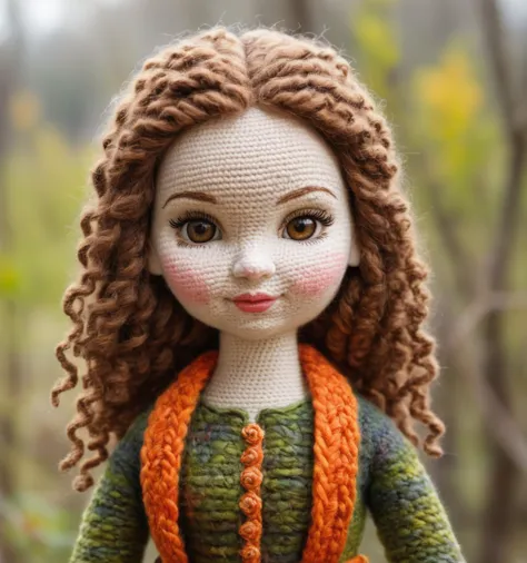 a close up of a doll with a green sweater and orange scarf