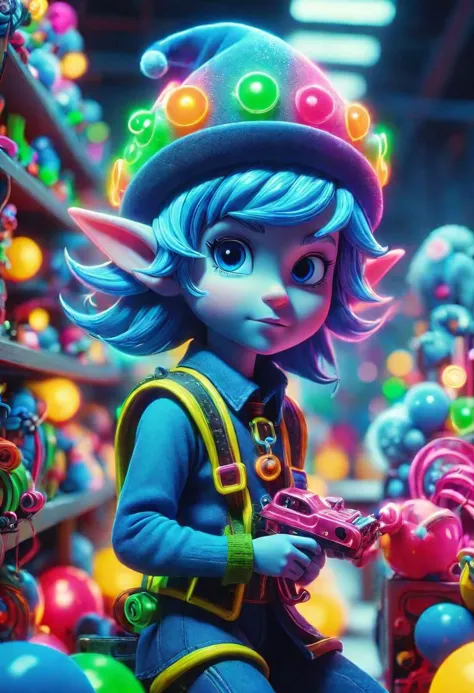 a blue elf in a neon lit factory making toys.  Vibrant color.