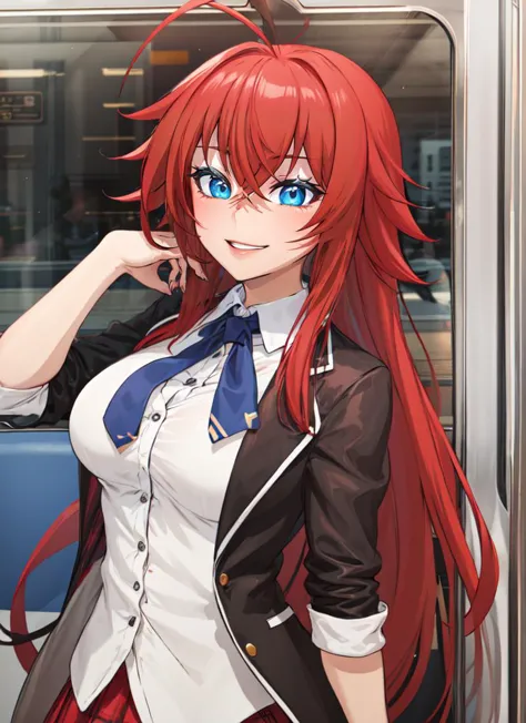 a close up of a woman with long red hair standing on a train