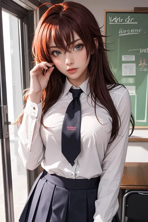 there is a woman in a school uniform posing for a picture