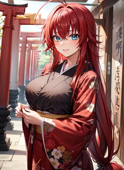 ((best quality)), ((highly detailed)), masterpiece, absurdres, (detailed eyes, deep eyes), <lora:more_details:.2>, (1girl), upper body, <lora:rias_gremory:1>, rias_gremory, red hair, very long hair, ahoge, hair between eyes, aqua eyes, large breasts, smiling, slippers, (at a Japanese temple, torii, paper lanterns, afternoon)