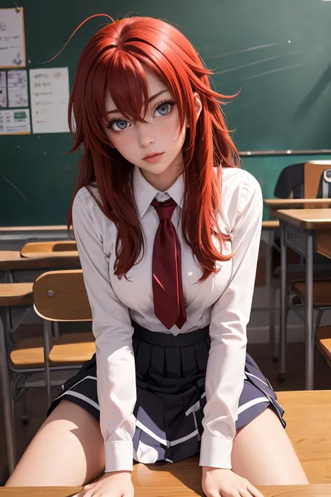 there is a woman sitting on a desk in a classroom