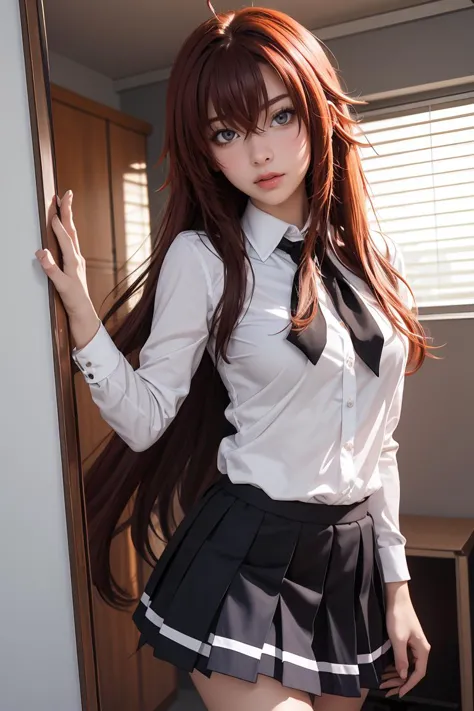 (Meisterwerk, beste Qualität), 1 Mädchen, schönes Gesicht,  rias_gremory, lange Haare, ahoge, Haare zwischen den Augen, Schuluniform, Faltenrock